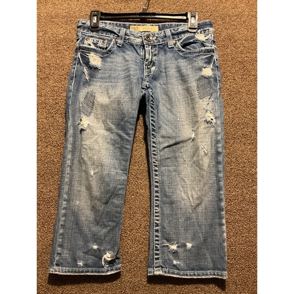BKE Denim Blue Stella Stretch Cropped Jeans Size 26 Distressed Embellished